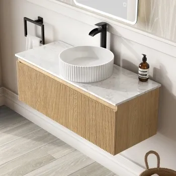 Malta Fluted Country Oak Wall Hung Drawer Vanity with Marble Top & Nevis Basin 1000mm