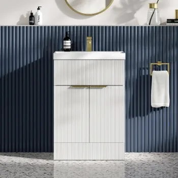 Havana Fluted Coastal White Basin Vanity 600mm - Brushed Brass Accents