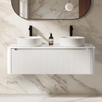 Sorrento Fluted Coastal White Double Wall Hung Drawer Vanity with Marble Top & Nevis Basin 1200mm