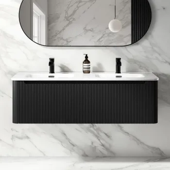 Sorrento Fluted Matt Black Wall Hung Double Basin Drawer Vanity 1200mm