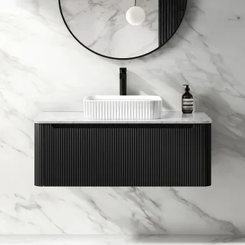 Sorrento Fluted Matt Black Wall Hung Drawer Vanity with Marble Top & Reno Basin 1000mm