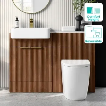 Sicily Fluted Black Walnut Combination Vanity Basin with Marble Top & Utah Comfort Height Toilet 1200mm - Brushed Brass Accents