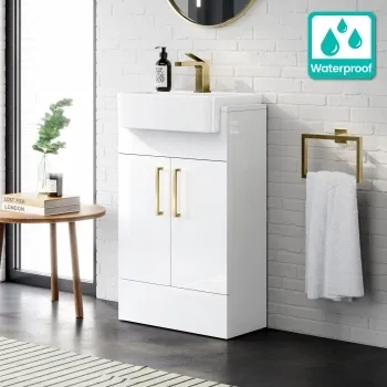100% Waterproof - Harper Gloss White PVC Vanity with Semi Recessed Basin 500mm - Brushed Brass Accents