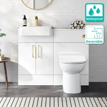 100% Waterproof - Harper Gloss White PVC Combination Vanity Basin & Aruba Toilet 1000mm - Brushed Brass Accents