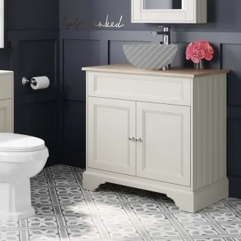 Lucia Chalk White Cabinet with Oak Effect Top 840mm - Excludes Counter Top Basin