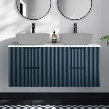 Crete Fluted Navy Blue Double Wall Hung Drawer Vanity with Marble Top 1200mm - Excludes Counter Top Basin
