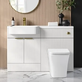 Sicily Fluted Coastal White Combination Vanity Basin and Houston Toilet 1200mm - Brushed Brass Accents - Left Handed