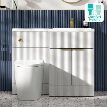 Havana Fluted Coastal White Combination Vanity Basin and Utah Comfort Height Toilet 1100mm - Brushed Brass Accents - Right Handed