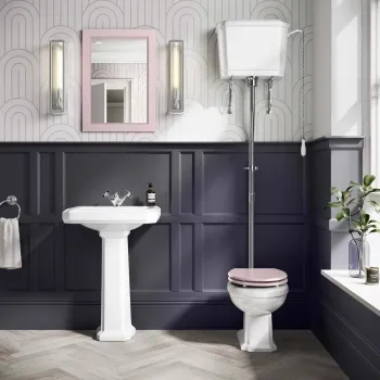 Hudson Traditional High-Level Toilet With Cashmere Pink Seat & Pedestal Basin - Single Tap Hole