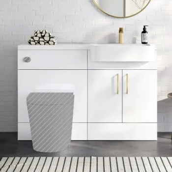Harper Gloss White Basin Vanity and Back To Wall Toilet Unit 1200mm (Excludes Toilet)- Brushed Brass Accents - Right Handed