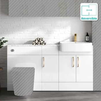 Harper Gloss White Combination Vanity Basin with Marble Top 1500mm (Excludes Toilet) - Brushed Brass Accents