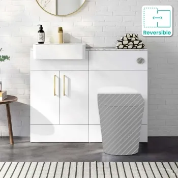 Harper Gloss White Basin Vanity With Marble Top and Back To Wall Toilet Unit 1000mm (Excludes Toilet) - Brushed Brass Accents