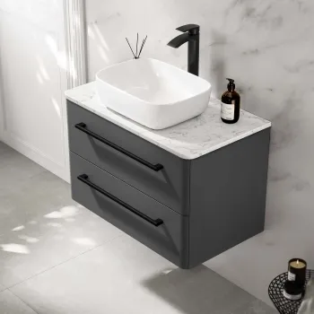 Omaha Slate Grey Wall Hung Drawer Vanity with Marble Top & Curved Counter Top Basin 800mm - Black Accents