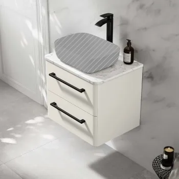 Omaha Linen White Wall Hung Drawer Vanity with Marble Top 600mm (Excludes Counter Top Basin) - Black Accents