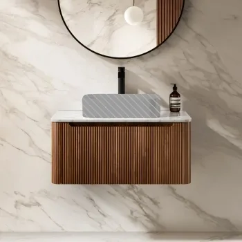 Sorrento Fluted Black Walnut Wall Hung Drawer Vanity with Marble Top 800mm - Excludes Counter Top Basin
