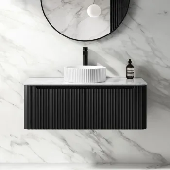 Sorrento Fluted Matt Black Wall Hung Drawer Vanity with Marble Top & Nevis Basin 1000mm