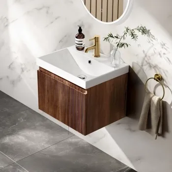 Malta Fluted Black Walnut Wall Hung Basin Drawer Vanity 500mm