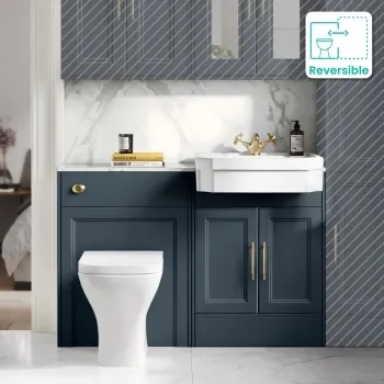 Monaco Inky Blue Combination Vanity Traditional Basin with Marble Top & Atlanta Toilet 1200mm - Brass Knurled Handles