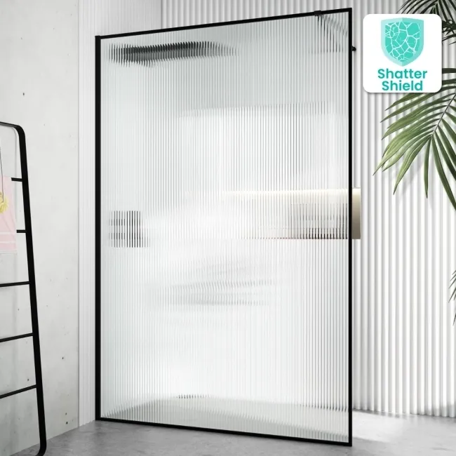 Munich Fluted Effect Matt Black Framed Easy Clean 8mm Wet Room Shower Glass Panel 1400mm