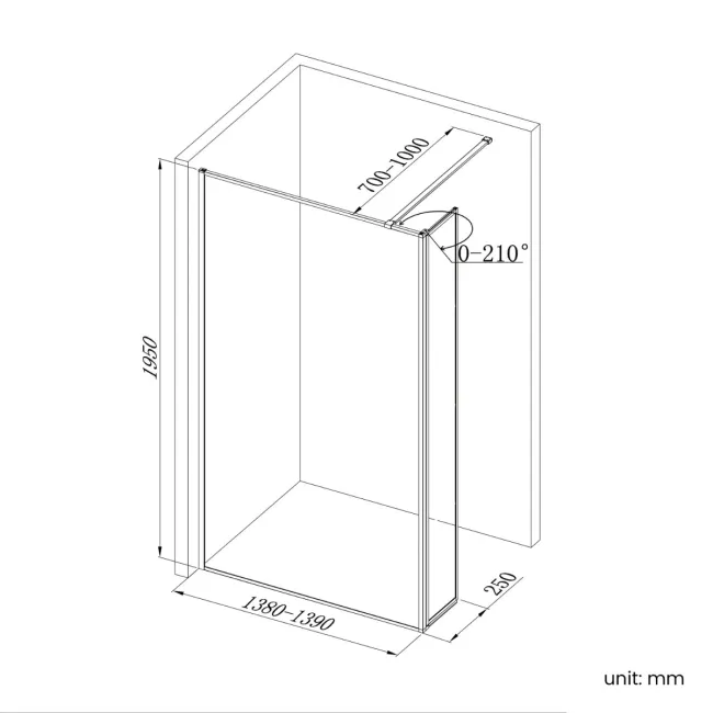 Munich Fluted Effect Matt Black Framed 8mm Wet Room Shower Glass 1400mm & 250mm Pivotal Return Panel