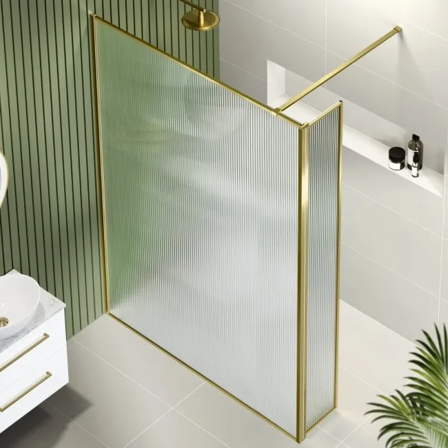 Munich Fluted Effect Brushed Brass 8mm Wet Room Shower Glass 1400mm & 250mm Pivotal Return Panel