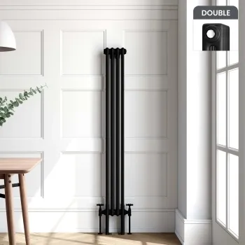 Athens Matt Black Double Column Vertical Traditional Radiator 1500x200mm