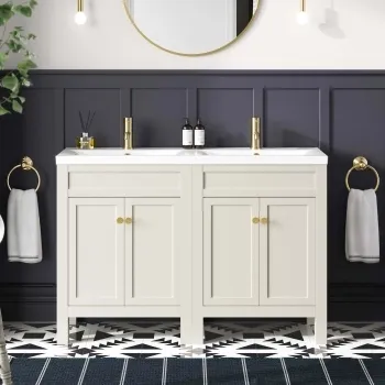 Bermuda Chalk White Double Basin Vanity 1200mm - Brushed Brass Accents