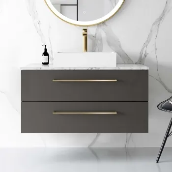 Elba Graphite Grey Wall Hung Drawer Vanity with Marble Top & Cody Basin 1000mm - Brushed Brass Accents