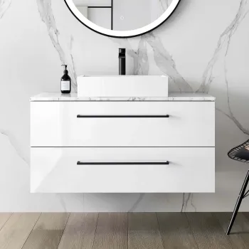 Elba Gloss White Wall Hung Drawer Vanity with Marble Top & Cody Basin 1000mm - Black Accents