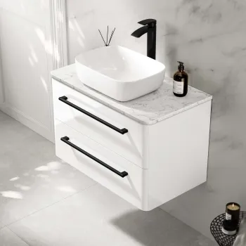 Omaha Gloss White Wall Hung Drawer Vanity with Marble Top & Curved Counter Top Basin 800mm - Black Accents