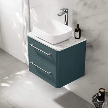 Omaha Mystic Green Wall Hung Drawer Vanity with Marble Top & Curved Counter Top Basin 600mm