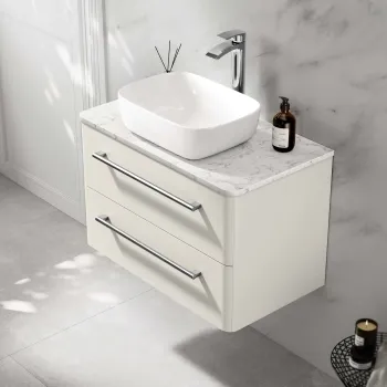 Omaha Linen White Wall Hung Drawer Vanity with Marble Top & Curved Counter Top Basin 800mm