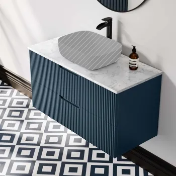 Crete Fluted Navy Blue Wall Hung Drawer Vanity with Marble Top 1000mm - Excludes Counter Top Basin
