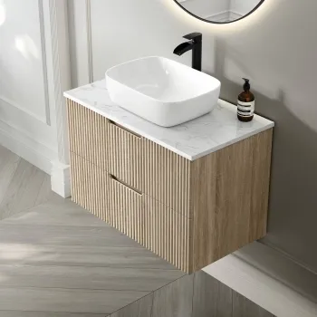 Crete Fluted Apex Oak Wall Hung Drawer Vanity with Marble Top & Curved Basin 800mm