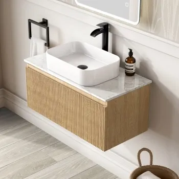 Malta Fluted Country Oak Wall Hung Drawer Vanity with Marble Top & Marin Basin 800mm