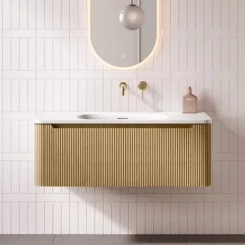 Sorrento Fluted Country Oak Wall Hung Drawer Vanity with Matt White Basin 1000mm