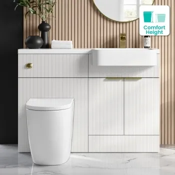 Sicily Fluted Coastal White Combination Vanity Basin and Utah Comfort Height Toilet 1200mm - Brushed Brass Accents - Right Handed