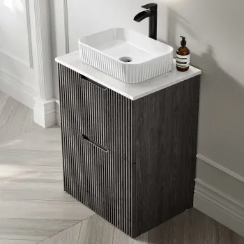 Crete Fluted Charcoal Elm Vanity Drawer with Marble Top & Reno Basin 600mm