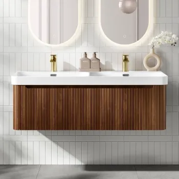 Sorrento Fluted Black Walnut Wall Hung Double Basin Drawer Vanity 1200mm