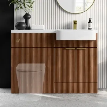 Sicily Fluted Black Walnut Basin Vanity and Back To Wall Toilet Unit 1200mm (Excludes Toilet) - Brushed Brass Accents - Right Handed