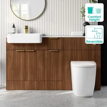 Sicily Fluted Black Walnut Combination Vanity Basin with Marble Top & Utah Comfort Height Toilet 1500mm - Brushed Brass Accents