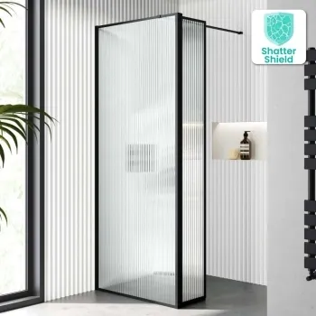 Munich Fluted Effect Matt Black Framed 8mm Wet Room Shower Glass 800mm & 250mm Pivotal Return Panel