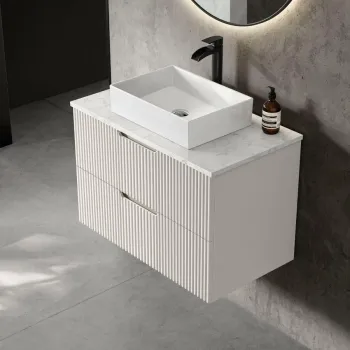 Crete Fluted Linen White Wall Hung Drawer Vanity with Marble Top & Cody Basin 800mm