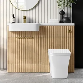 Sicily Fluted Country Oak Combination Vanity Basin and Houston Toilet 1200mm - Brushed Brass Accents - Left Handed