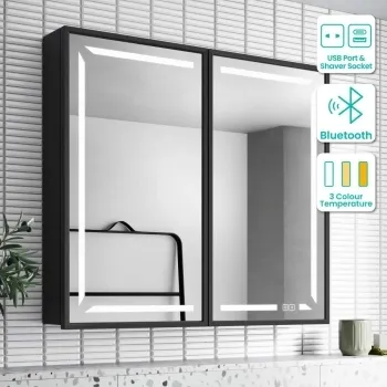 Mia Black Framed Illuminated LED Mirror Cabinet With BLUETOOTH Speaker&USB Port 710x800mm