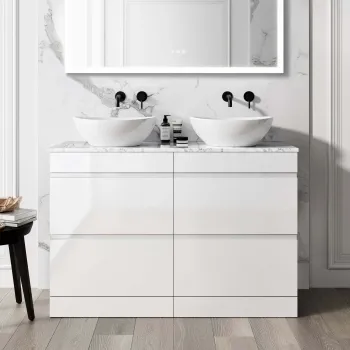 Trent Gloss White Double Vanity Drawer with Marble Top & Oval Counter Top Basin 1200mm