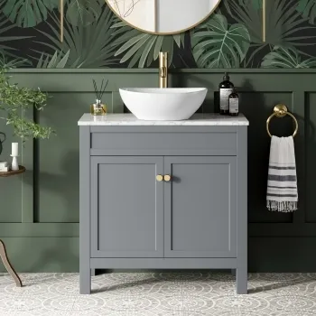 Bermuda Dove Grey Vanity with Marble Top & Oval Counter Top Basin 800mm - Brushed Brass Accents