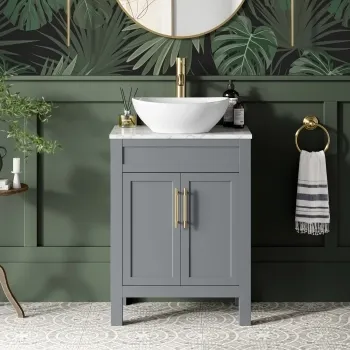 Bermuda Dove Grey Vanity with Marble Top & Oval Counter Top Basin 600mm - Brass Knurled Handles