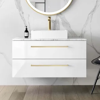 Elba Gloss White Wall Hung Drawer Vanity with Marble Top & Cody Basin 1000mm - Brushed Brass Accents