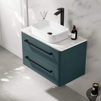 Omaha Mystic Green Wall Hung Drawer Vanity with Marble Top & Marin Basin 800mm - Black Accents